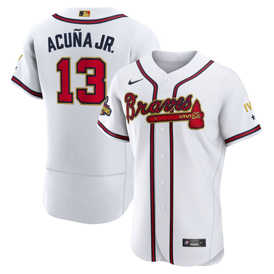 Custom Men Atlanta Braves 13 Ronald Acuna Jr. Nike White 2022 Gold Program Authentic Player MLB Jersey